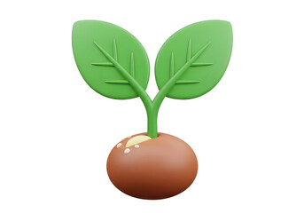 Stylized 3d icon of a seedling growing from a seed isolated on transparent background