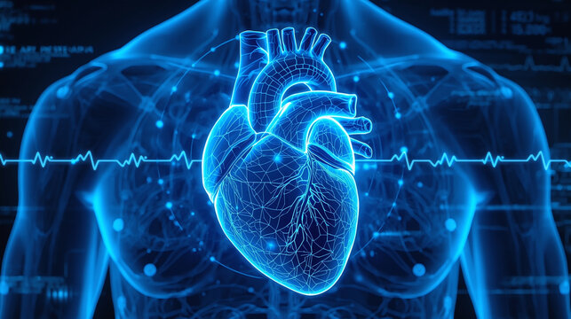 Digital Human Heart Anatomy with ECG Pulse &ndash; Advanced Cardiology and Medical Technology Concept,hospital presentations, healthcare websites, biotechnology, AI medical concepts,  scientific publication