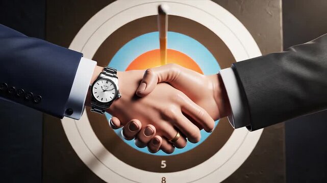 Businessmen shaking hands in front of a target while carefully making a deal, symbolizing strategic partnerships and successful agreements, depicted as a frozen animation scene representing the concep