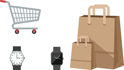 Online shopping concept illustration with shopping cart paper bags wrist watches and retail purchase elements in modern flat vector design © Asha Creatives