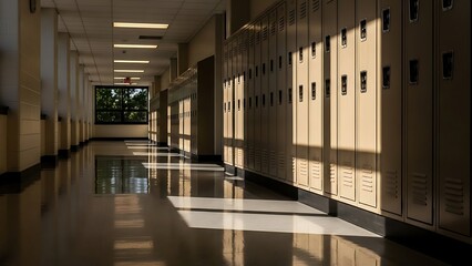 Empty School Hallway with Lockers and Shiny Floor.
