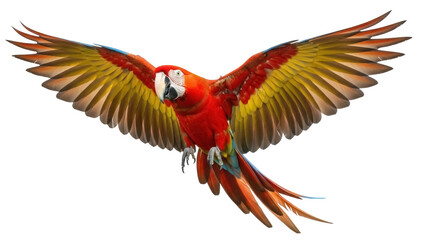 Isolated macaw in flight with open wings, a vibrant exotic bird on clear backdrop © Claudia