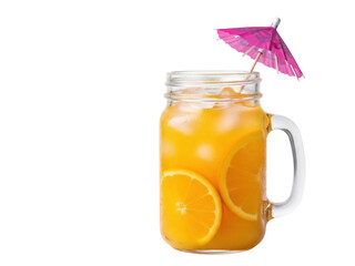 Isolated mason jar glass of orange juice with slices, drink with a handle and umbrella