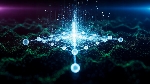 Futuristic AI Neural Network Concept with Glowing Digital Nodes and Connected Data Particles on Dark Abstract Background. - Powered by Adobe