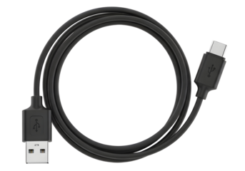 High quality black usb-a to usb-c data and charging cable for modern electronic devices on transparent background