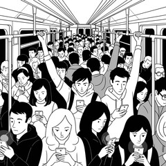 Digital Isolation: Crowd of Commuters Staring at Smartphones on Subway