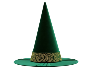 Isolated Emerald Green Witch Hat with Gold Pentagram Decoration for Fantasy Theme