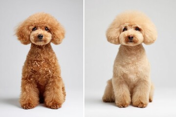 Two adorable poodles with fluffy fur and stylish haircuts sit side by side indoors