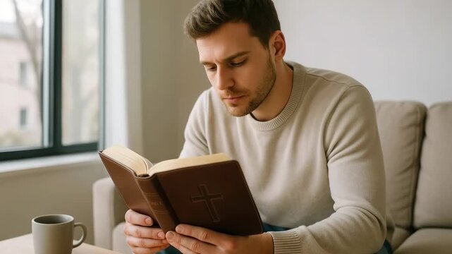 A young man reading the Holy Bible while sitting on a couch at home. Christian faith, spiritual study, and personal devotion concept