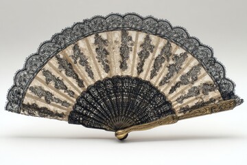 Elegant black and beige lace fan with gold accents and intricate design details visible