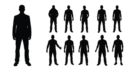 Black Silhouettes of Men in Various Poses and Attire on White Background