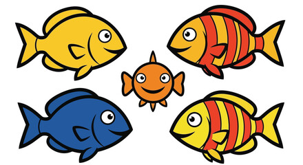Colorful Cartoon Fish Swimming Together in School