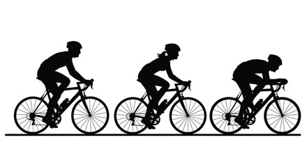 Silhouette of Three Cyclists Riding Bicycles in a Row on White Background