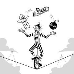Stressed Clown Juggling Work, Family, and Health on Tightrope - Work-Life Balance Vector