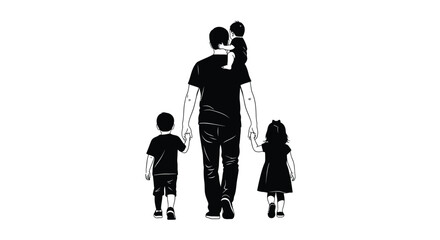 Father and Children Walking Together in Black Silhouette Family Moment