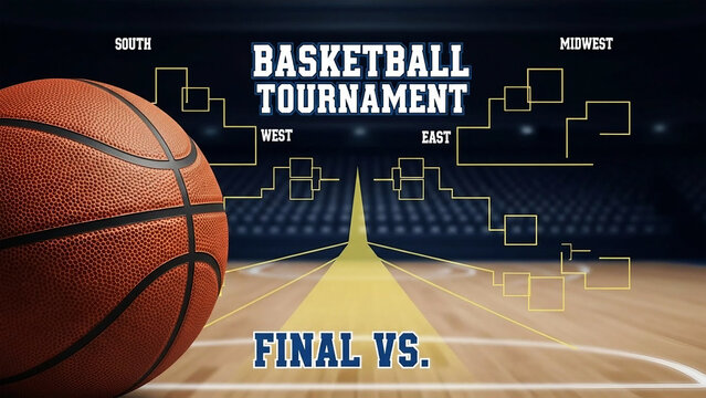 Basketball tournament bracket with close up of basketball on court game sport