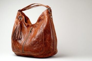 Brown Leather Shoulder Bag with Tassel and Zipper Pocket, Fashionable Handbag Design