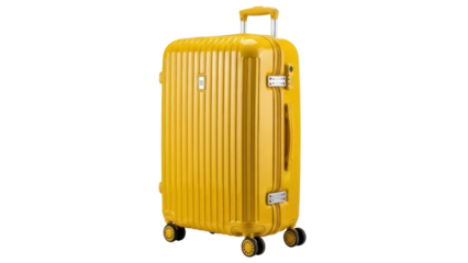 Isolated golden yellow rolling suitcase perfect for travel, business trips, vacations, and luggage
