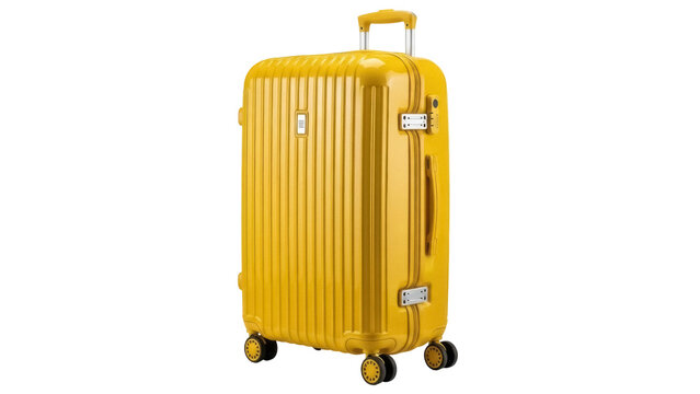 Isolated golden yellow rolling suitcase perfect for travel, business trips, vacations, and luggage