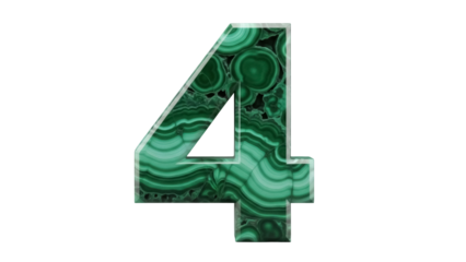 Isolated number four made of green malachite stone in 3d, natural gemstone texture
