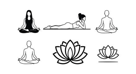 Yoga Poses and Lotus Flower Illustrations for Mindfulness and Wellness