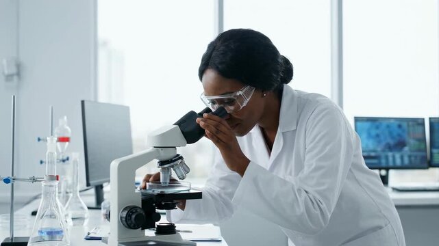 A scientist, fully engaged in groundbreaking research, peers intently into the lens of a powerful microscope in a modern laboratory setting. She is dedicated to the field.