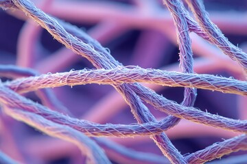 Close-up of intertwined purple fibers, threads, and yarns in a complex network pattern