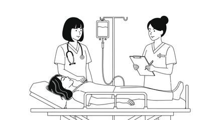 Nurses Attending to Patient in Hospital Bed with IV Drip
