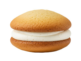 Isolated whoopie pie dessert featuring two golden cake rounds and a creamy filling center