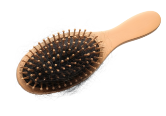 Hair loss problem: a wooden hairbrush covered in tangled hair indicating significant shedding on transparent background