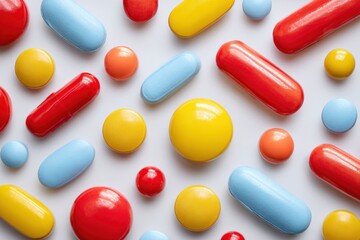 Colorful assortment of pills and capsules in various shapes and sizes on white background