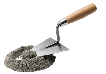Trowel resting in a pile of grey cement powder, ready for construction work on transparent background