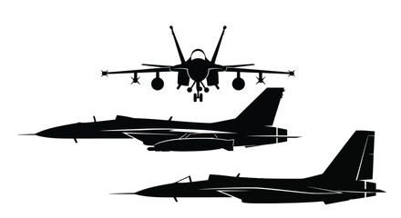 Fighter Jet Silhouettes in Three Angles, Military Aircraft Illustrations