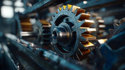 Detailed close-up of interlocking metal gears with a selective golden hue on teeth, showcasing mechanics