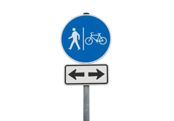 Blue square road sign indicating a bicycle path or lane isolated on transparent background