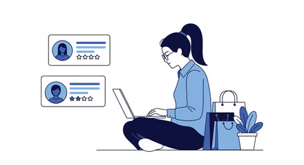 Woman Shopping Online with Laptop and Rating Cards Nearby