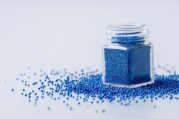 Small glass jar filled with blue beads spilling out on white surface background