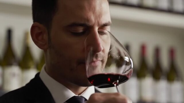 Professional Sommelier Swirling and Nosing Red Wine Expertly Evaluating Aroma in a Wine Cellar.