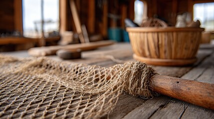 Rustic Fishing Gear Display on Wooden Dock Highlighting Woven Nets and