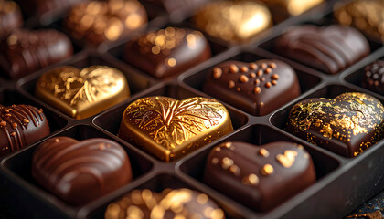 Box of chocolate praline with golden toppings for valentine day