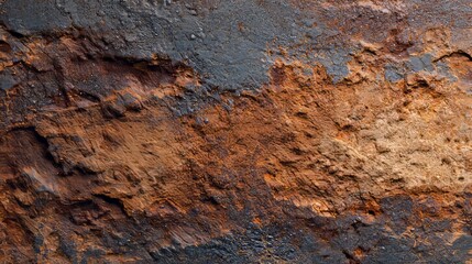 Close-up abstract shows aged texture with shades of brown, orange, and gray, revealing rough, worn surfaces