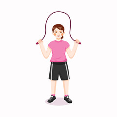 A cheerful flat illustration of a young girl skipping rope, symbolizing active play, exercise, and healthy daily activities.
