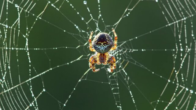 Vibrant OrbWeaver Spider Glistening on Intricate DewCovered Web Natures Delicate Art.