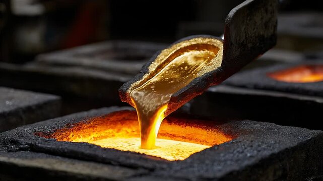 Molten metal pouring into mold in foundry