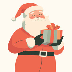Santa Claus Holding Gift, Minimal Santa Illustration, Smiling Santa Vector Art, Christmas Santa Character, Flat Santa Claus Design, Cute Santa Illustration, Holiday Santa Vector, Simple Santa Artwork