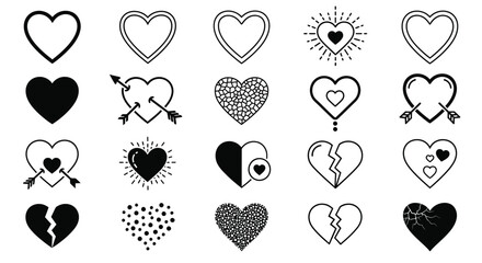 Various Heart Symbols and Icons in Black and White Illustrations