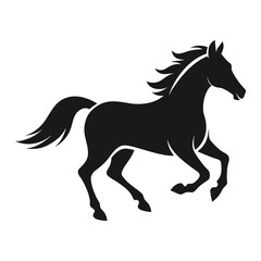Obraz premium A black silhouette vector illustration of a wild stallion animal running in a gallop, featuring a detailed mane and tail isolated on a white background for equestrian and farm art