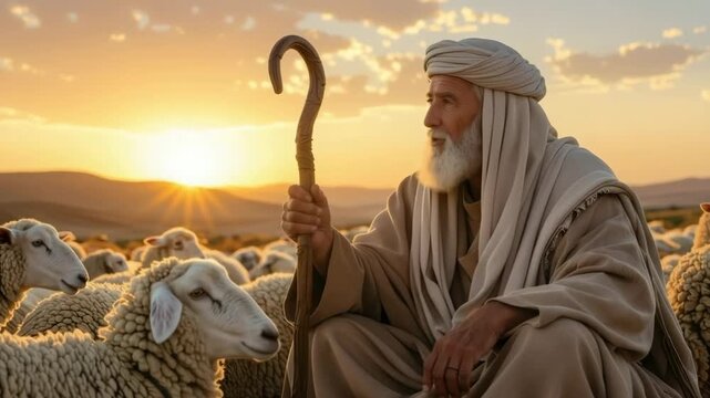 An elderly biblical shepherd sitting with his flock of sheep at sunset. A wise man with a white beard holding a staff in a golden landscape. Faith and religion concept