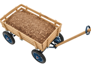 Isolated Wooden Garden Cart Full of Wood Chips for Hauling on Solid Chassis With Four Wheels