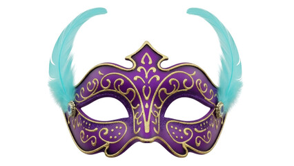Isolated Mardi Gras mask costume with feathers, purple with gold details and turquoise accents © Dennis